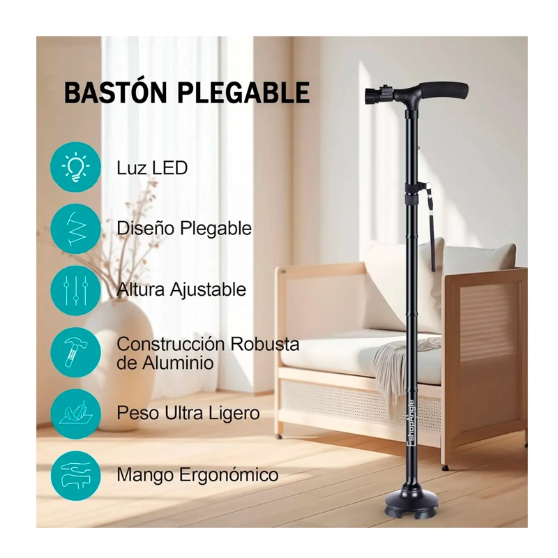 BASTON ORTOPEDICO PLEGABLE CON LUZ LED BASE ADULTO AJUSTABLE - 2