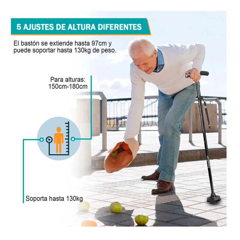 BASTON ORTOPEDICO PLEGABLE CON LUZ LED BASE ADULTO AJUSTABLE - 3