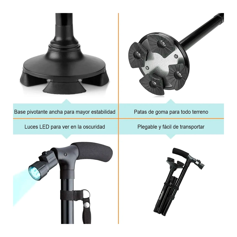 BASTON ORTOPEDICO PLEGABLE CON LUZ LED BASE ADULTO AJUSTABLE - 5