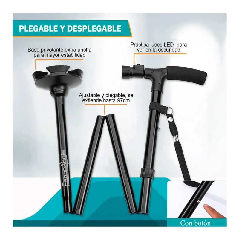 BASTON ORTOPEDICO PLEGABLE CON LUZ LED BASE ADULTO AJUSTABLE - 6