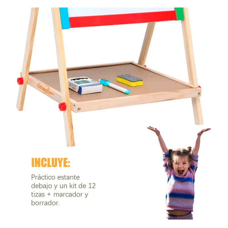 PIZARRA ATRIL PARA NIÑOS 2 EN 1 DOBLE MADERA + TIZA Y PLUMON - 7
