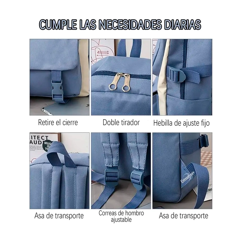 MOCHILA URBANA ESCOLAR VIAJE ESTILO COREANO 4 PIEZAS - 6