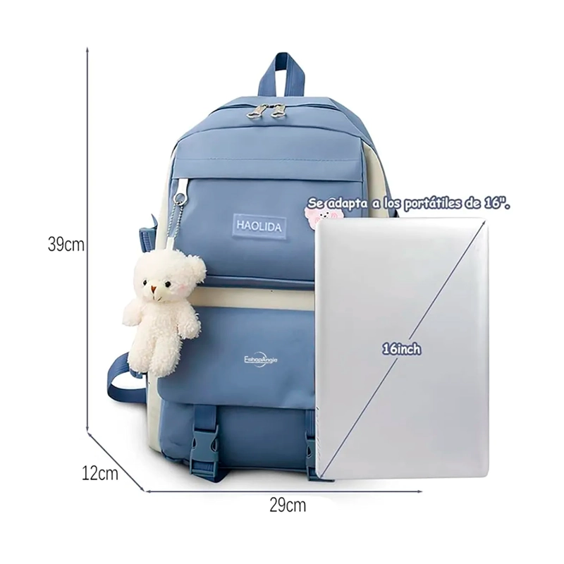 MOCHILA URBANA ESCOLAR VIAJE ESTILO COREANO 4 PIEZAS - 11