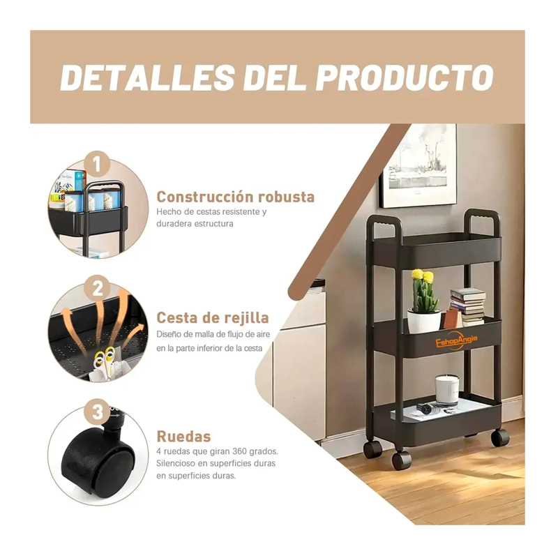 CARRITO ORGANIZADOR CON RUEDAS ASAS MULTIUSO 3 NIVELES - 2