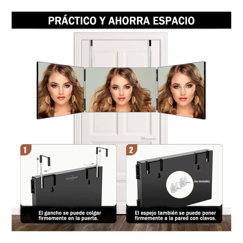 ESPEJO DE 3 VIAS DE CORTE DE PELO TRIPLE DE 360° CON GANCHOS - 4