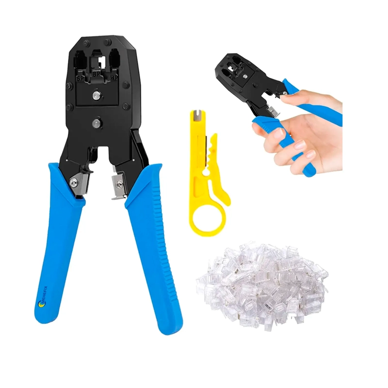KIT CRIMPEADORA RED RJ45 RJ11 RJ12 PELACABLES +50 CONECTORES - 1