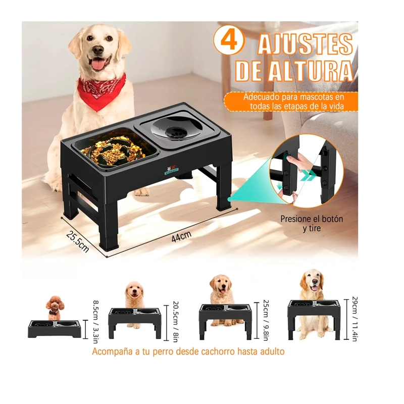 COMEDERO BEBEDERO ELEVADO REGULABLE 2EN1 PERROS GATOS PLATOS - 2