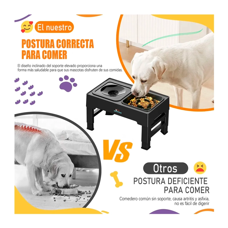 COMEDERO BEBEDERO ELEVADO REGULABLE 2EN1 PERROS GATOS PLATOS - 3