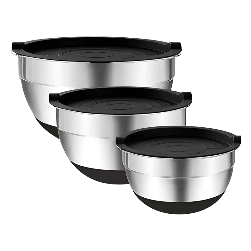 3 BOWLS CON TAPA ACERO INOXIDABLE Y BASE ANTIDESLIZANTE - 1