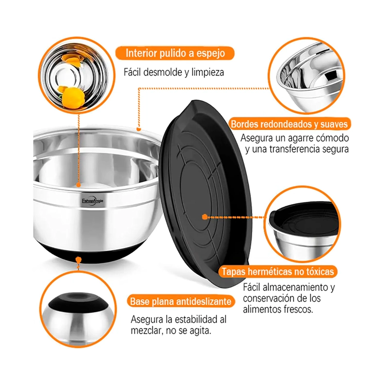 3 BOWLS CON TAPA ACERO INOXIDABLE Y BASE ANTIDESLIZANTE - 2