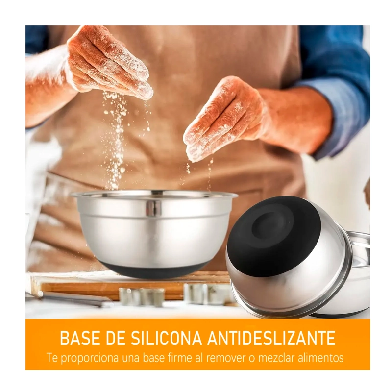 3 BOWLS CON TAPA ACERO INOXIDABLE Y BASE ANTIDESLIZANTE - 3