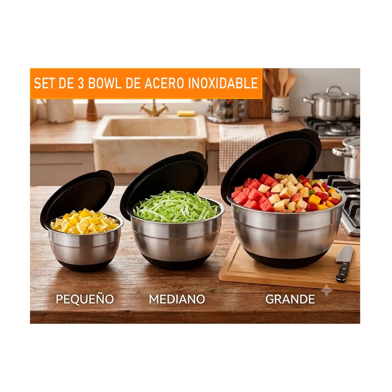 3 BOWLS CON TAPA ACERO INOXIDABLE Y BASE ANTIDESLIZANTE - 4