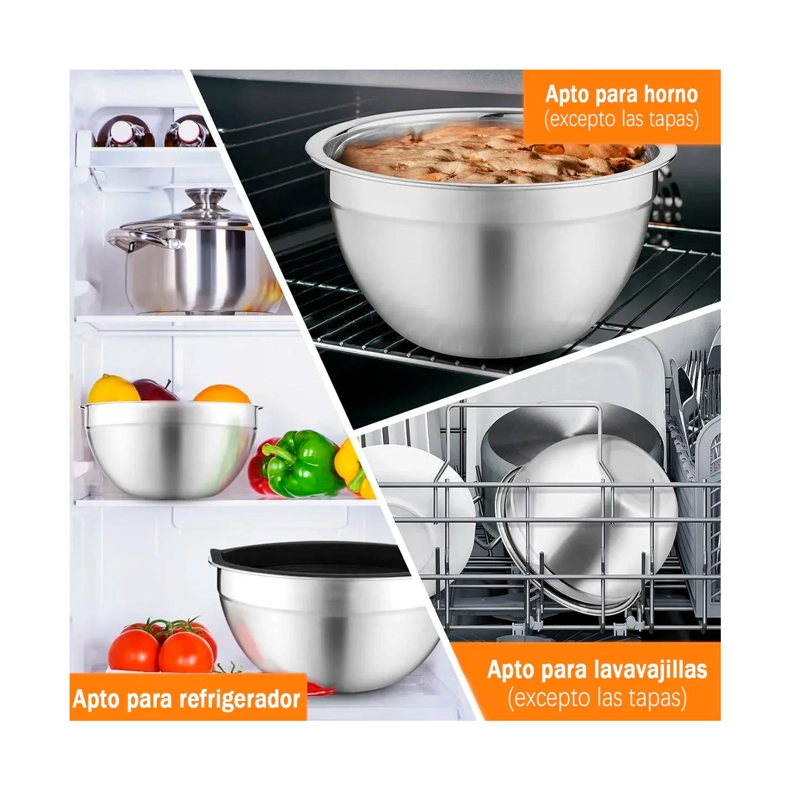 3 BOWLS CON TAPA ACERO INOXIDABLE Y BASE ANTIDESLIZANTE - 5