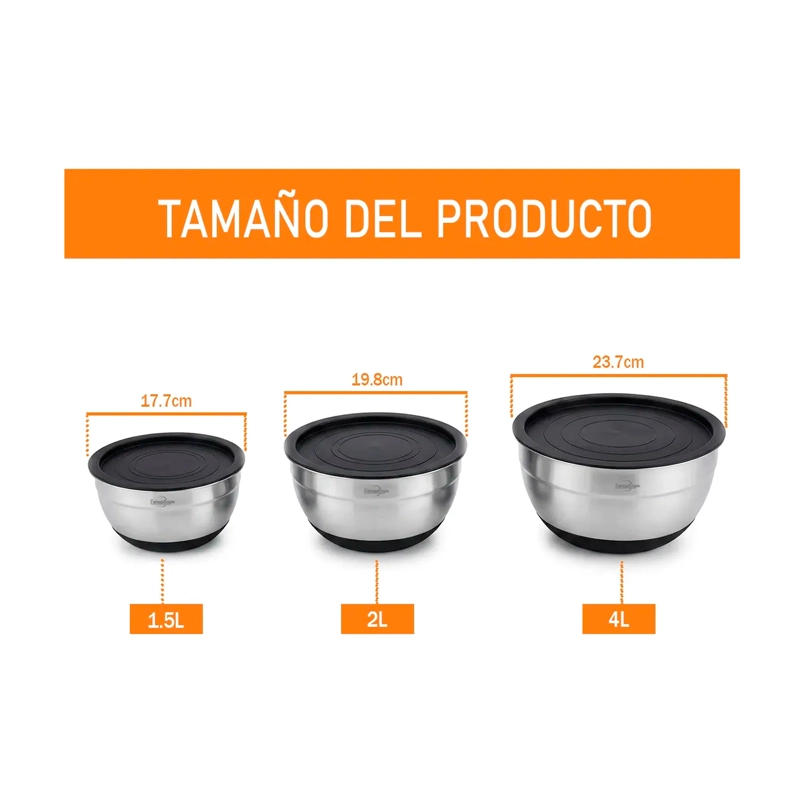 3 BOWLS CON TAPA ACERO INOXIDABLE Y BASE ANTIDESLIZANTE - 6