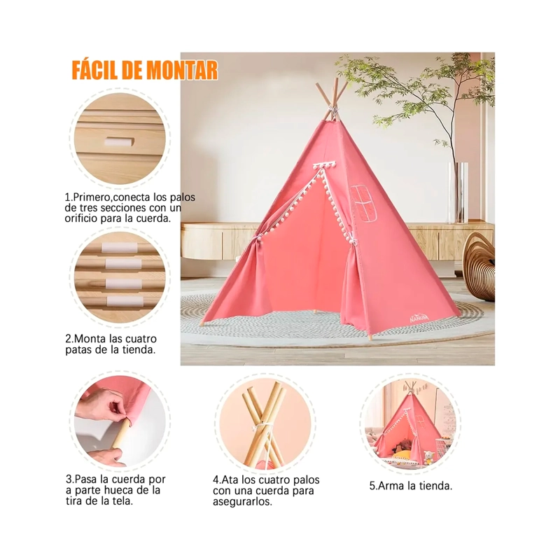CARPA TIPI INFANTIL CASA DE JUEGOS DE NIÑOS DECORACION ROSA - 4