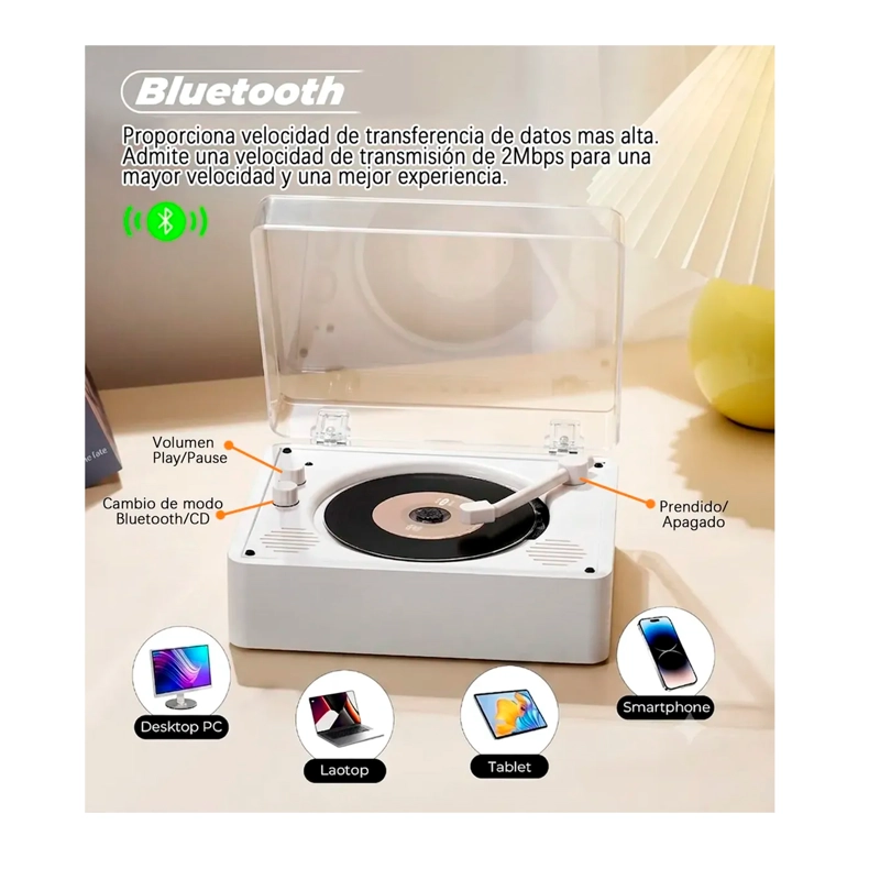 REPRODUCTOR DE DISCO BLUETOOTH USB PORTATIL RETRO - 7