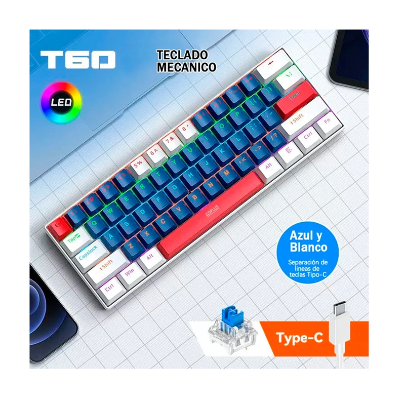 TECLADO MECANICO GAMER 60% RGB ESPAÑOL HOT-SWAP T60 USB-C - 3