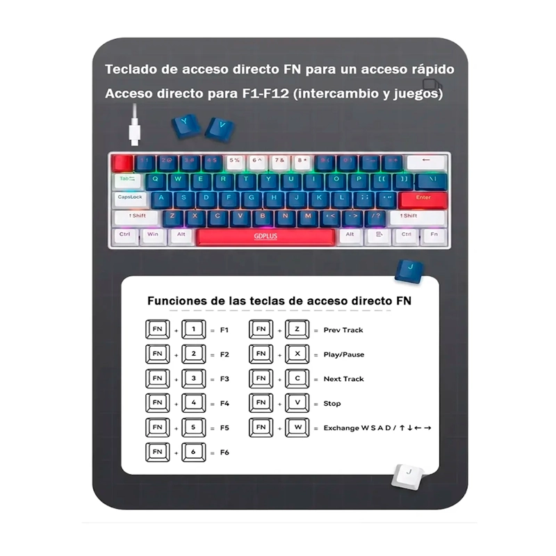 TECLADO MECANICO GAMER 60% RGB ESPAÑOL HOT-SWAP T60 USB-C - 6