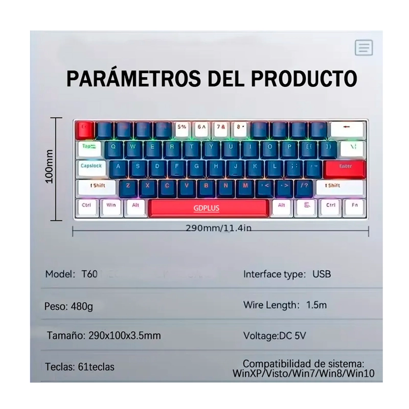 TECLADO MECANICO GAMER 60% RGB ESPAÑOL HOT-SWAP T60 USB-C - 7