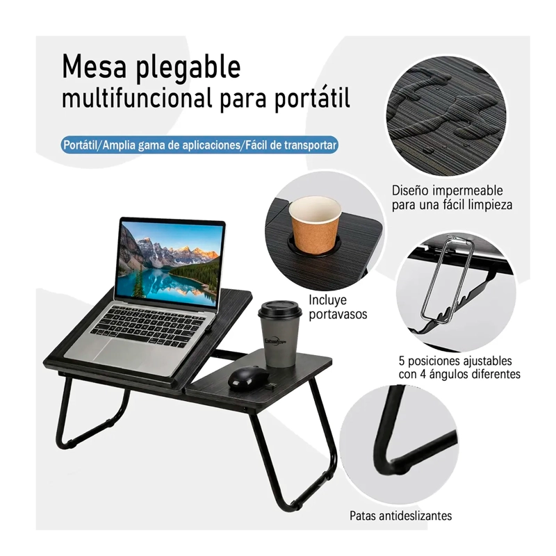 MESA PARA LAPTOP PLEGABLE PORTATIL AJUSTABLE CON POSAVASOS - 2