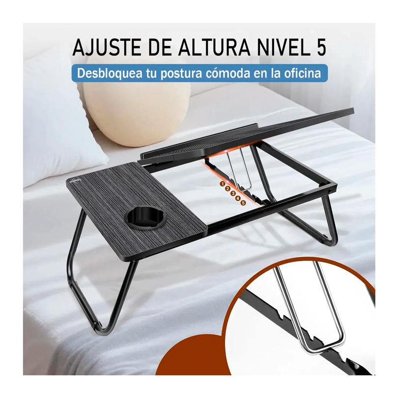 MESA PARA LAPTOP PLEGABLE PORTATIL AJUSTABLE CON POSAVASOS - 3