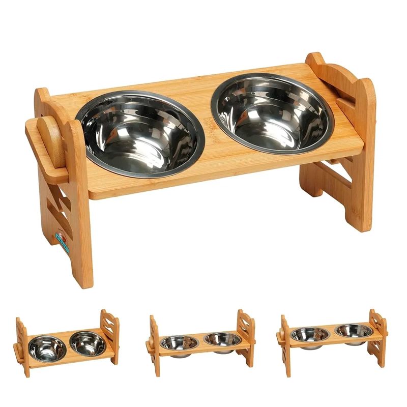 COMEDERO BEBEDERO ELEVADO AJUSTABLE DE BAMBU PERROS Y GATOS - 1