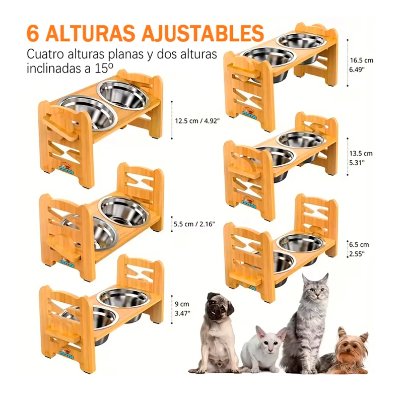 COMEDERO BEBEDERO ELEVADO AJUSTABLE DE BAMBU PERROS Y GATOS - 2