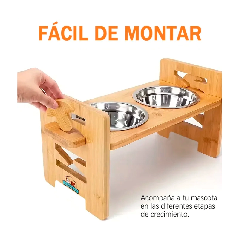 COMEDERO BEBEDERO ELEVADO AJUSTABLE DE BAMBU PERROS Y GATOS - 3