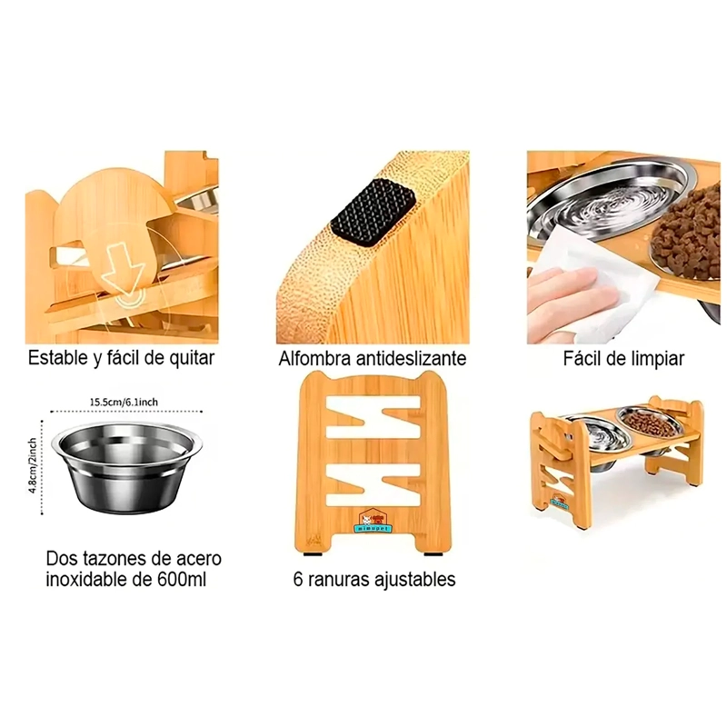 COMEDERO BEBEDERO ELEVADO AJUSTABLE DE BAMBU PERROS Y GATOS - 4