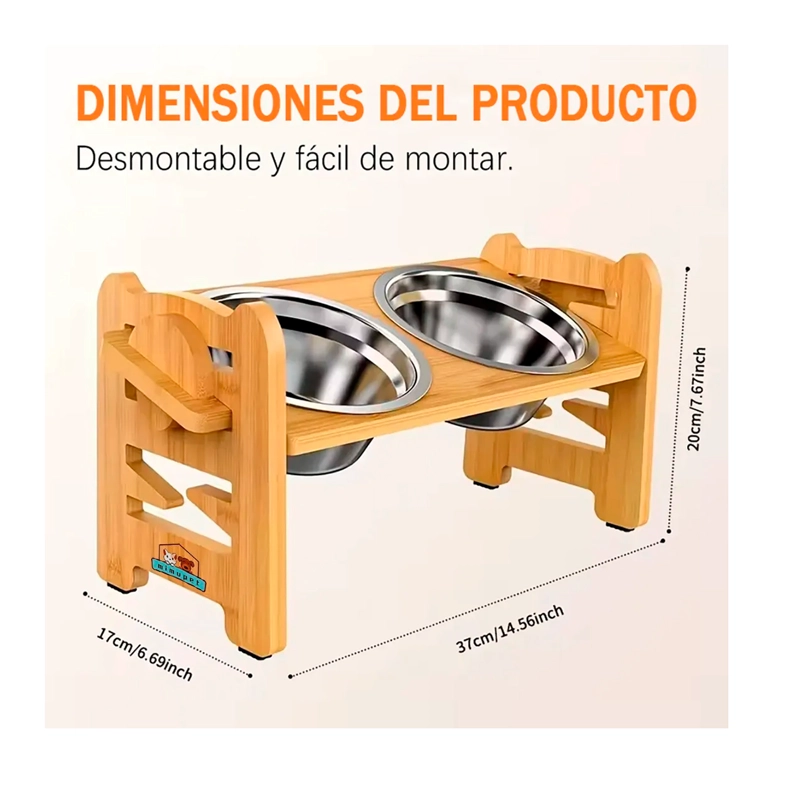 COMEDERO BEBEDERO ELEVADO AJUSTABLE DE BAMBU PERROS Y GATOS - 5