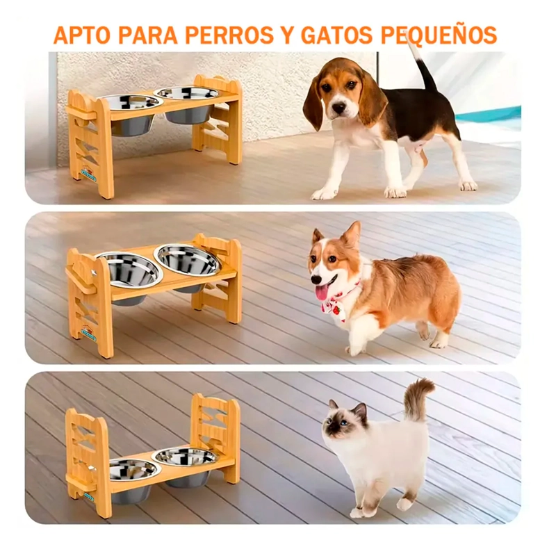 COMEDERO BEBEDERO ELEVADO AJUSTABLE DE BAMBU PERROS Y GATOS - 6