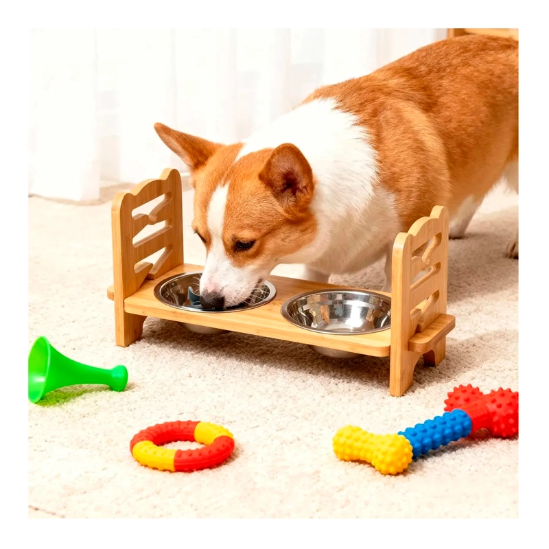 COMEDERO BEBEDERO ELEVADO AJUSTABLE DE BAMBU PERROS Y GATOS - 7