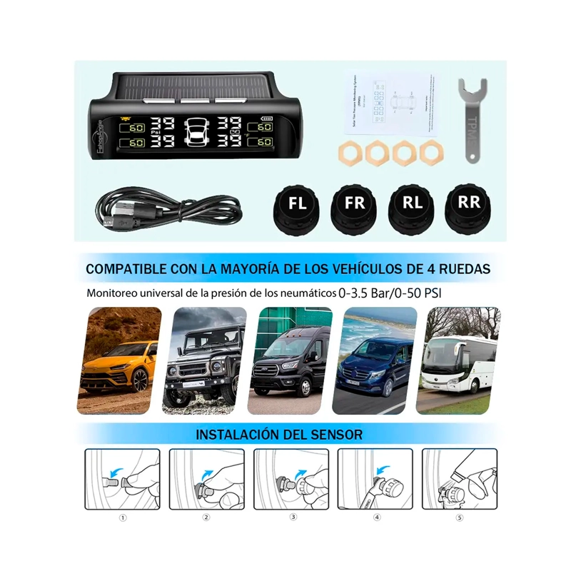 SISTEMA MONITOREO PRESION NEUMATICOS AUTO TPMS SOLAR - 4