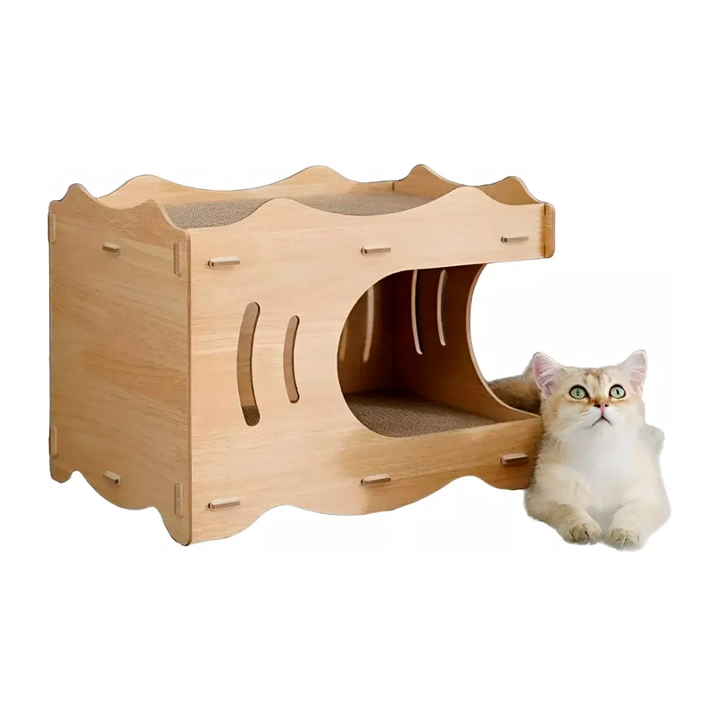 CAMA CASA DE MADERA PARA GATOS CON RASCADOR INTERNO - 1