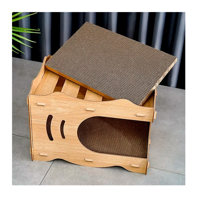 CAMA CASA DE MADERA PARA GATOS CON RASCADOR INTERNO - 4
