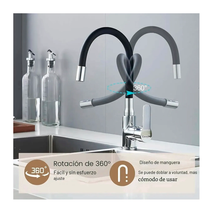 LLAVE MONOMANDO GRIFO DE LAVAPLATOS CUELLO FLEXIBLE DE 360 - 3