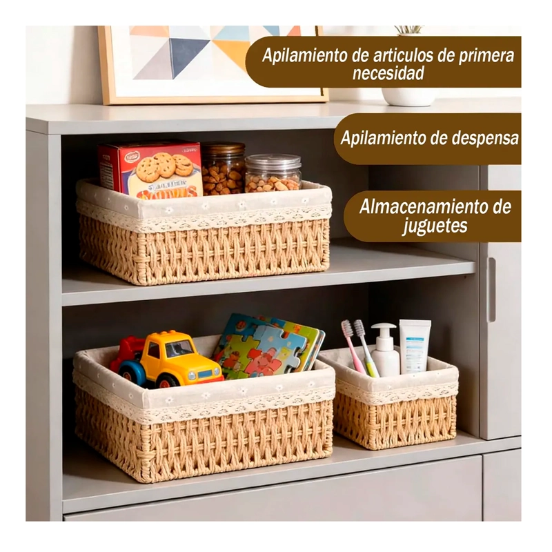 3 CESTAS CANASTA DE ALMACENAMIENTO ORGANIZADOR DE MIMBRE - 4