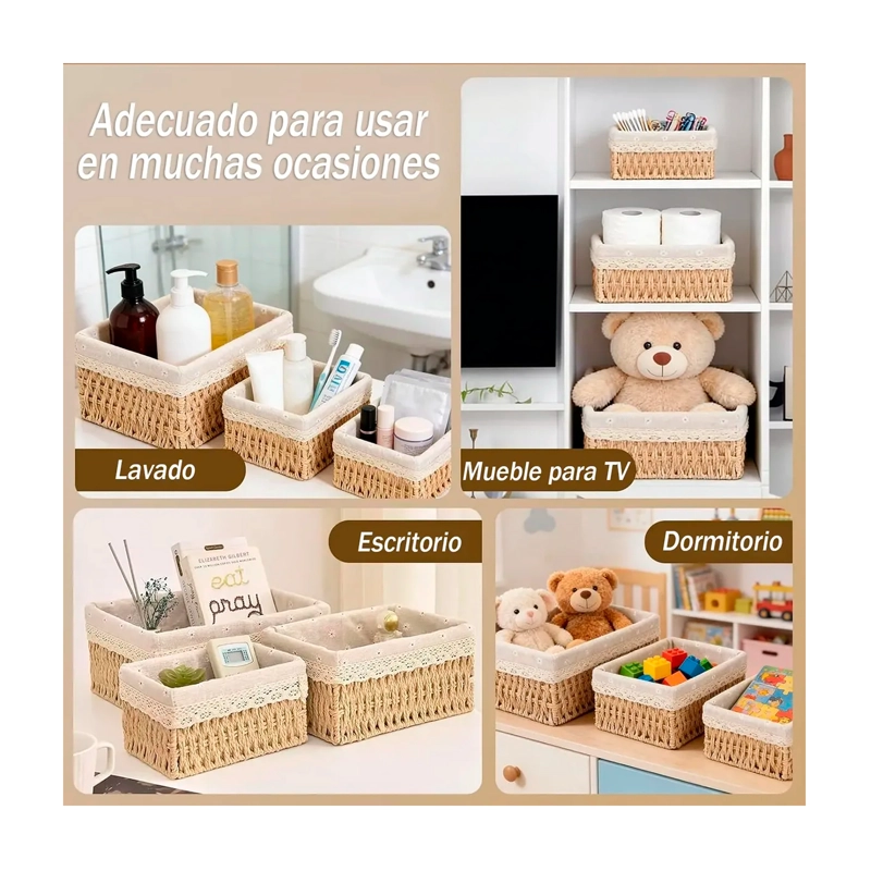 3 CESTAS CANASTA DE ALMACENAMIENTO ORGANIZADOR DE MIMBRE - 6