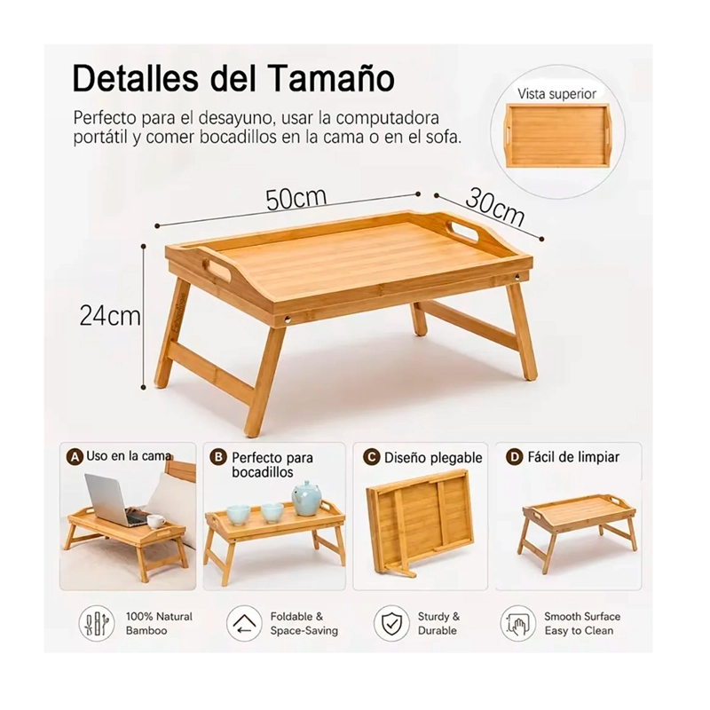 BANDEJA MESA PLEGABLE DE BAMBU PARA CAMA DESAYUNO NOTEBOOK - 7