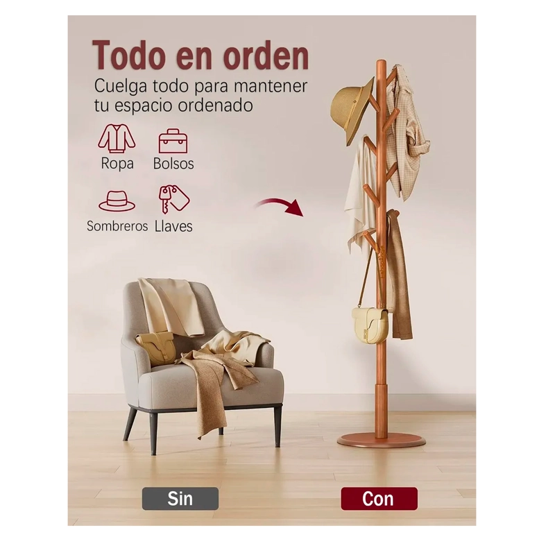 PERCHERO COLGADOR DE PIE MADERA 8 GANCHOS ARMABLE 172X38CM - 2
