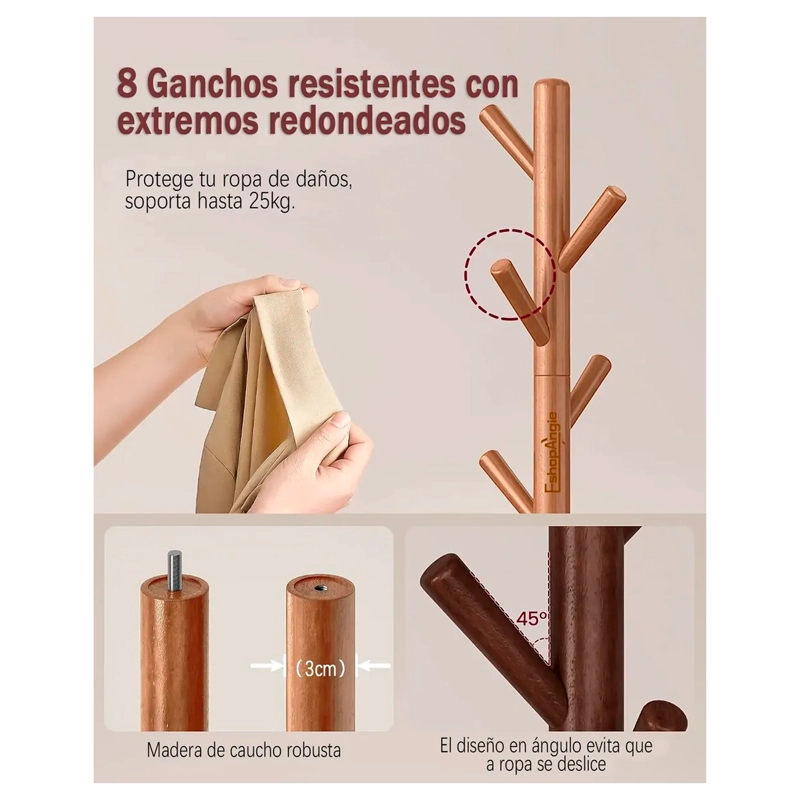 PERCHERO COLGADOR DE PIE MADERA 8 GANCHOS ARMABLE 172X38CM - 3