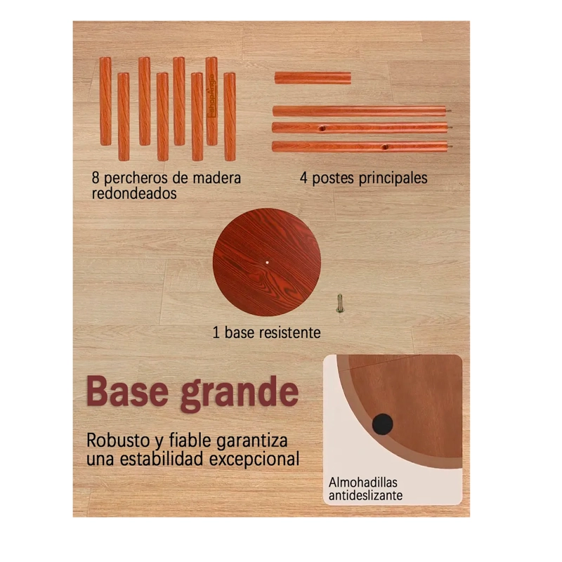PERCHERO COLGADOR DE PIE MADERA 8 GANCHOS ARMABLE 172X38CM - 4