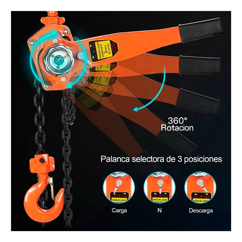 TECLE POLIPASTO MANUAL CON CADENA 2 TONELADAS X3 METROS - 3
