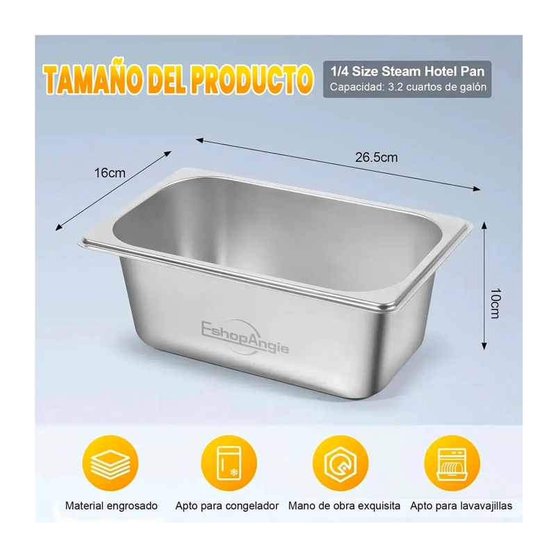 PACK 6 DEPOSITO GASTRONOMICO ACERO 16 CM X 26.5 CM CON TAPA - 6