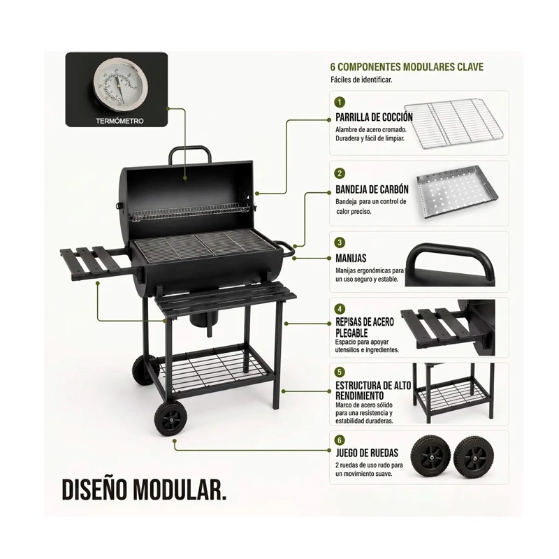 PARRILLA A CARBON MOVIL CON TERMOMETRO ACERO INOXIDABLE - 3