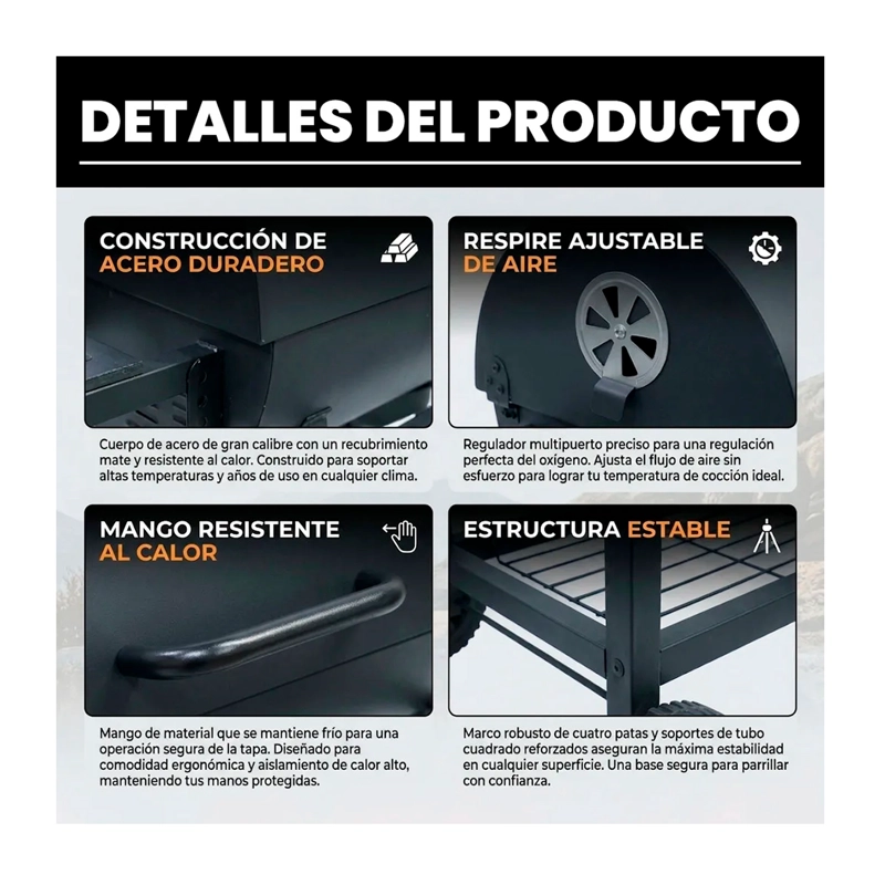 PARRILLA A CARBON MOVIL CON TERMOMETRO ACERO INOXIDABLE - 4
