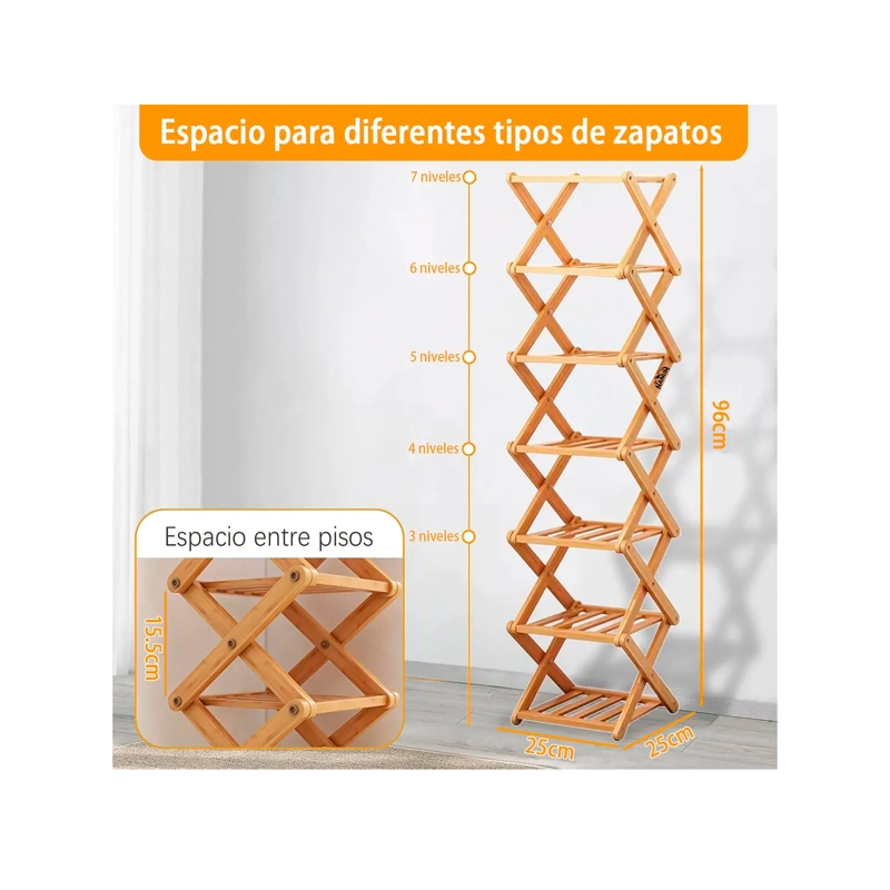 ZAPATERO ORGANIZADOR PLEGABLE DE BAMBU 7 NIVELES MULTIUSO - 3