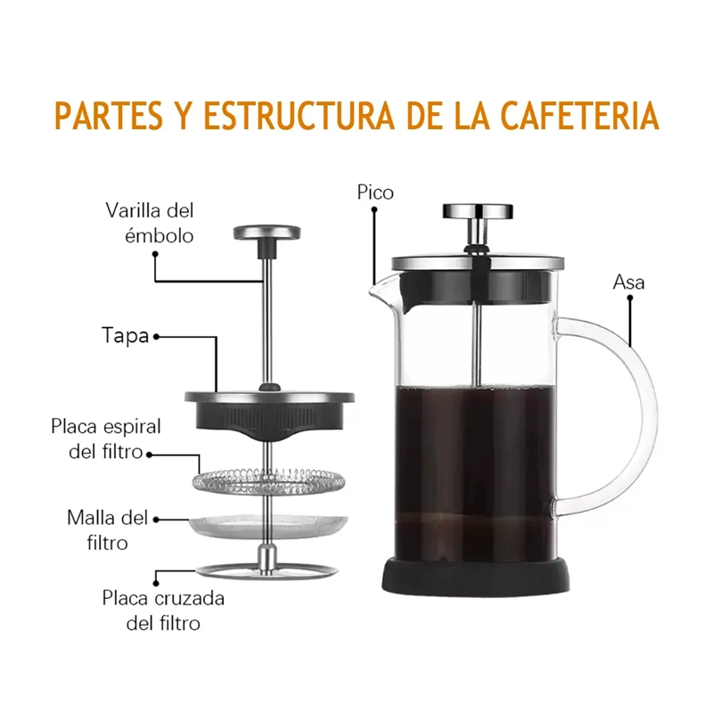 CAFETERA PRENSA FRANCESA 800ML DE VIDRIO Y ACERO TE CAFE - 2