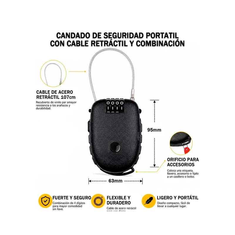 CANDADO CON CABLE DE SEGURIDAD CLAVE DE 4 DIGITOS RETRACTIL - 2