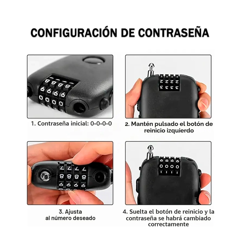 CANDADO CON CABLE DE SEGURIDAD CLAVE DE 4 DIGITOS RETRACTIL - 3